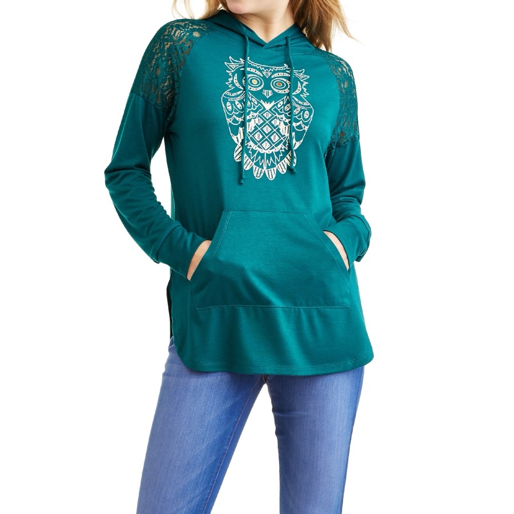 5 for $30 Jerry Leigh Hoodie Shirt Women Size M Long‎ Sleeve Green Lace Pockets